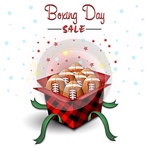 Boxing day. Open gift box with football balls