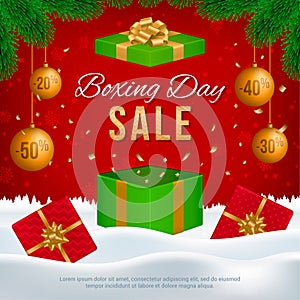 Boxing Day sale banner with gift boxes.