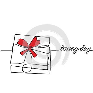 Boxing Day sale card. Continuous line gift box with red ribbon and text Happy Boxing Day isolated on white background. Shopping