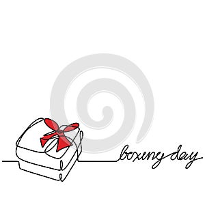 Boxing Day sale card. Continuous line gift box with red ribbon and text Happy Boxing Day isolated on white background. Shopping