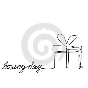 Boxing Day sale card. Continuous line gift box with red ribbon and text Happy Boxing Day isolated on white background. Shopping