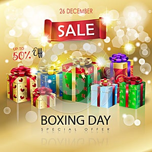 Boxing Day Sale gift boxes gold bokeh lights wallpaper