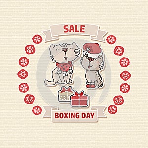 Boxing day. Sale offer card with a cat, box.