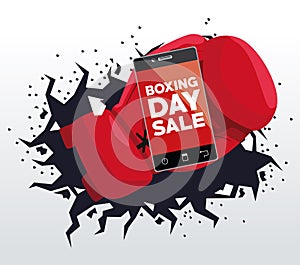 Boxing day sale poster with smartphone and gloves
