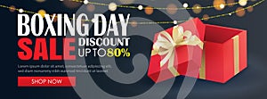 Boxing day sale with red gift box advertising banner template. Use for flyer, poster, christmas seasonal offer, discount