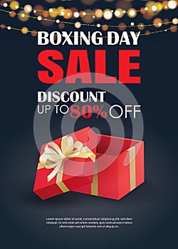 Boxing day sale with red gift box advertising poster template. Use for flyer, banner, christmas seasonal offer, discount