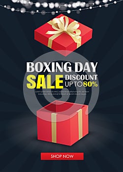 Boxing day sale with red gift box advertising poster template. Use for flyer, banner, christmas seasonal offer, discount