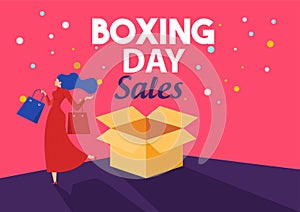 Boxing Day Sale, woman shopping seasonal Discounts Campaign Flat Vector Advertising