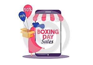 Boxing Day Sale, woman shopping seasonal Discounts Campaign Flat Vector Advertising