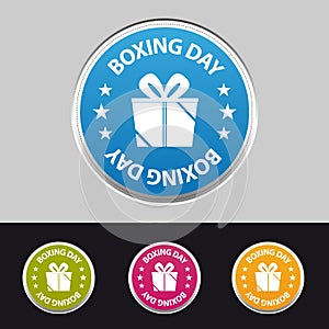 Boxing Day Sticker Button With Gift - Colorful Vector Illustration - Isolated On Gray And Black Background