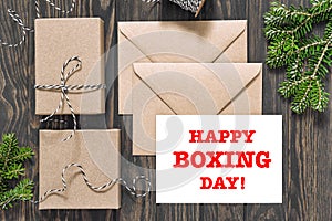Boxing day template Gift boxes wooden background