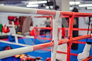 boxing equipment on the ropes of a boxing ring