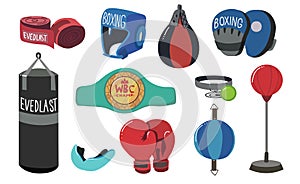 Boxing Equipment Tools Set Vector. Box Accessories. Isolated Cartoon Illustration