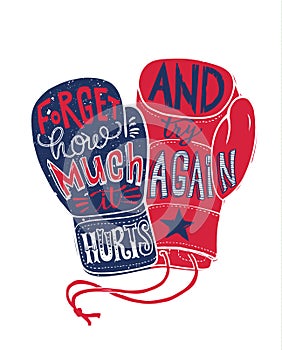 Boxing Fight Motivation Poster Print Illustration. Struggle Sport Concept Boxer Fist Glove Typography Vintage Banner