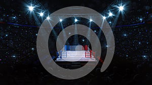 Boxing fight ring. Audience view of sport arena with fans and shining spotlights.