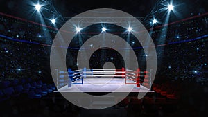 Boxing fight ring. Interior upper view of sport arena with fans and shining spotlights.