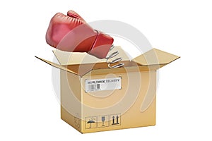 Boxing glove coming out from a cardboard box, 3D rendering