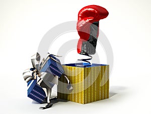 Boxing glove coming out of a gift box. Fake present, for joke.