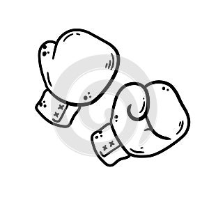 Boxing glove. Two red elements of athletic sportswear. Professional Fist fight. Cartoon drawn outline illustration.