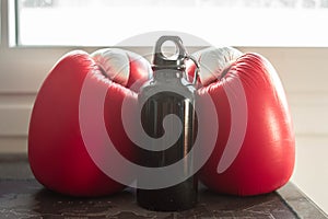 Boxing gloves with a bottle of water
