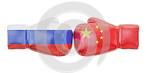 Boxing gloves with China and Russia flags. Governments conflict photo