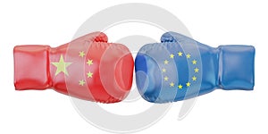 Boxing gloves with European Union and China flags. Governments photo