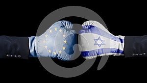 Boxing gloves with European Union and Israel flag. European Union versus Israel concept.