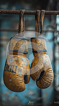 Boxing gloves hanging in a gym