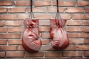 boxing gloves hanging on an old brick wall