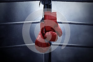 Boxing gloves hanging on the ring photo