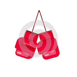 Boxing gloves hanging on rope vector illustration isolated, flat cartoon gloves for box icon