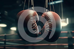 Boxing gloves hanging on the ropes of a boxing ring in a gym