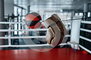 Boxing gloves hanging on speed punching ball