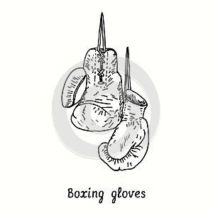 Boxing Gloves. Ink black and white doodle drawing in woodcut st