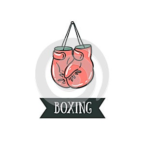 Boxing gloves on a nail vector illustration with ribbon - 'Boxing'.