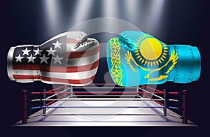 Boxing gloves with prints of the USA and Kazakhstan flags facing