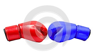 Boxing gloves Red and Blue hitting together isolated on white background with clipping path