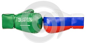 Boxing gloves with Russia and Saudi Arabia flags. Governments co photo