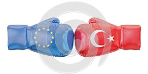 Boxing gloves with Turkey and EU flags. Governments conflict con photo