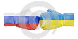Boxing gloves with Ukraine and Russia flags. Governments conflict concept, 3D rendering photo
