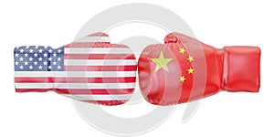 Boxing gloves with USA and China flags. Governments conflict