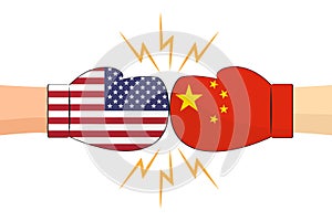Boxing gloves between USA and China flags on white background