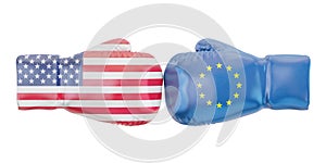 Boxing gloves with USA and EU flags. Governments conflict concept, 3D rendering