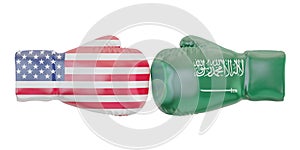 Boxing gloves with USA and Saudi Arabia flags. Governments