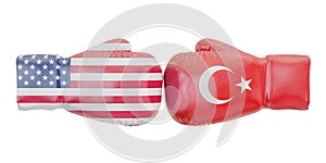 Boxing gloves with USA and Turkey flags. Governments conflict co photo