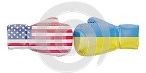 Boxing gloves with USA and Ukraine flags. Governments conflict photo