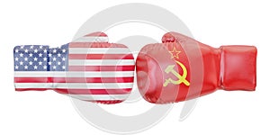 Boxing gloves with USA and USSR flags. Governments conflict concept, 3D rendering photo