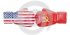 Boxing gloves with USA and USSR flags. Governments conflict concept, 3D rendering