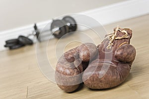 Boxing gloves and weights