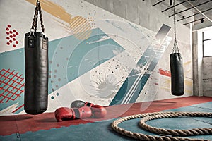 Boxing Gym with grunge transition. abstract modern gym background photo